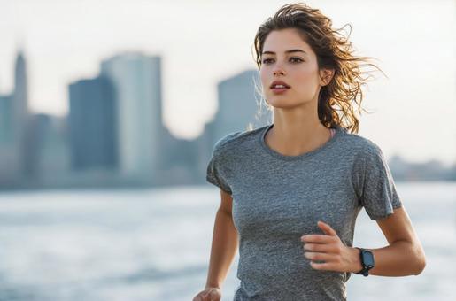 都会を背に川の近くを走る女性ランナーの写真