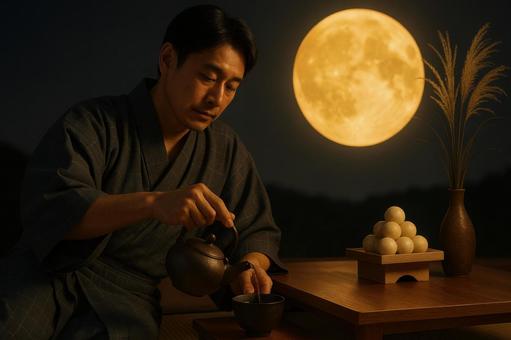 満月を背景にお茶を淹れる男性 満月を背景にお茶を淹れる男性の写真