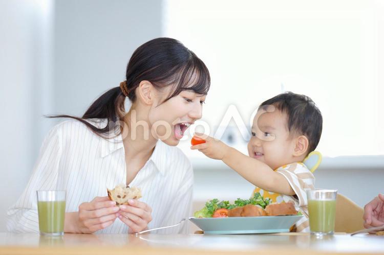 母に食べさせようとする息子 母子,食事,あーんの写真素材