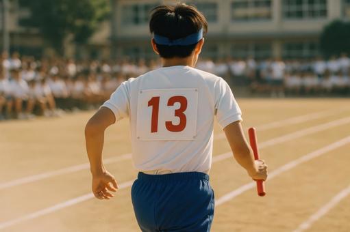 背中にゼッケンを付けた高校生 背中にゼッケンを付けた高校生の写真