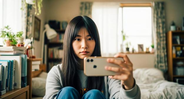 スマホで自撮りをする女性のポートレート スマホで自撮りをする女性のポートレートの写真