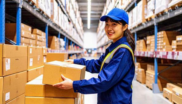 倉庫で働く作業服の20代の日本人女性 倉庫で働く作業服の20代の日本人女性の写真