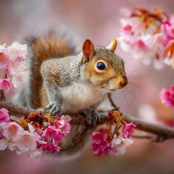 桜の枝にとまる可愛いリスの春の姿 桜の枝にとまる可愛いリスの春の姿の写真