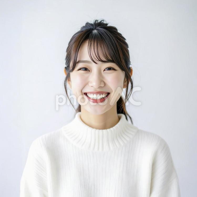 白いセーターの若い女性　生成AI 女性,人物,若いの写真素材