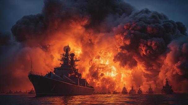 炎上する軍艦 炎上する軍艦の写真