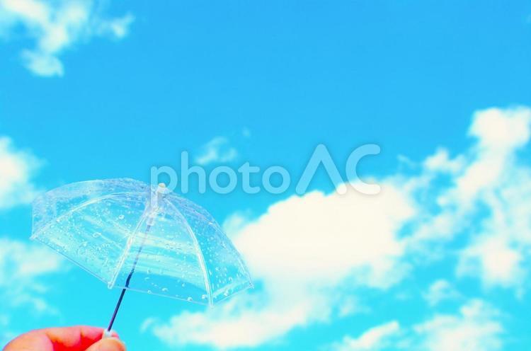 傘と青空で梅雨時期の天気雨のイメージ 天気雨,狐の嫁入り,ビニール傘の写真素材