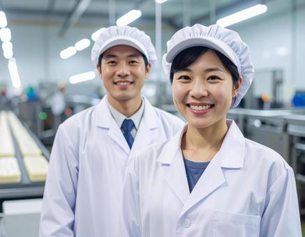 食品工場で制服姿で笑顔の男女の作業員 食品工場で制服姿で笑顔の男女の作業員の写真