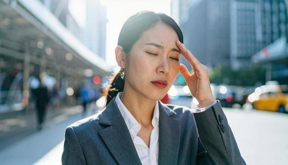 暑さに苦痛の表情を浮かべるスーツ姿の女性の写真