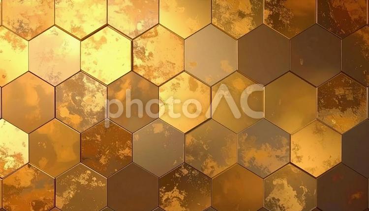 真鍮色のハニカム構造　金属背景 金色,真鍮,ハニカムの写真素材