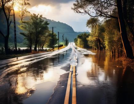 雨で冠水した道路 雨で冠水した道路の写真