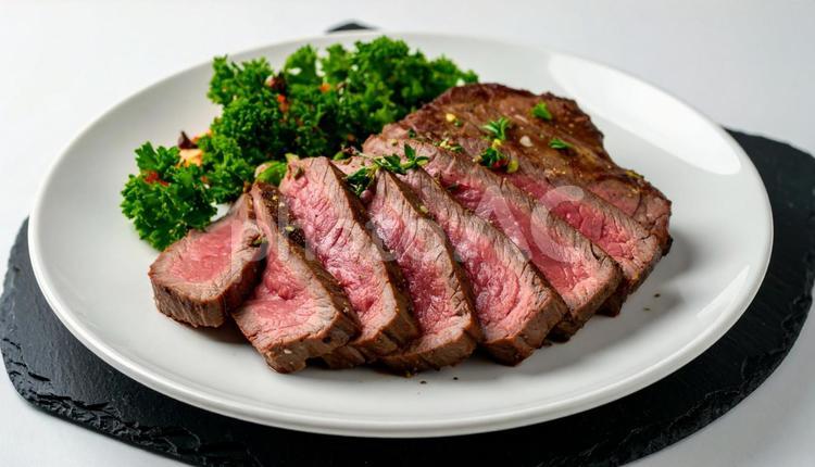 カットされて白い皿に盛られたレアステーキ 肉料理,子牛,ビーフの写真素材