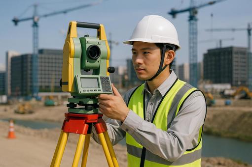 都市開発現場で測量機器を扱う若手技術者 都市開発現場で測量機器を扱う若手技術者の写真