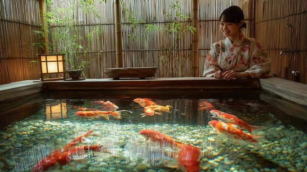 水槽を泳ぐ金魚と浴衣を着た女性 水槽を泳ぐ金魚と浴衣を着た女性の写真
