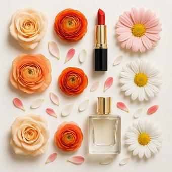化粧品と花の美しい並びの写真