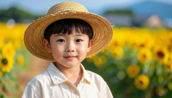 ヒマワリを背景にした少年のポートレートの写真