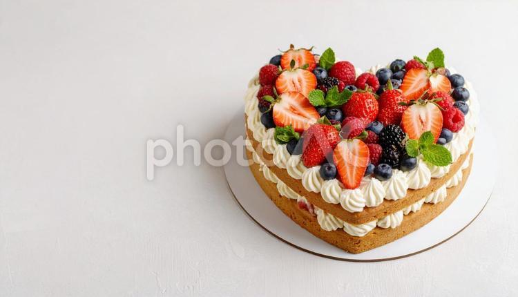 ハート型のケーキ　フルーツと生クリーム ケーキ,ハート,フルーツの写真素材
