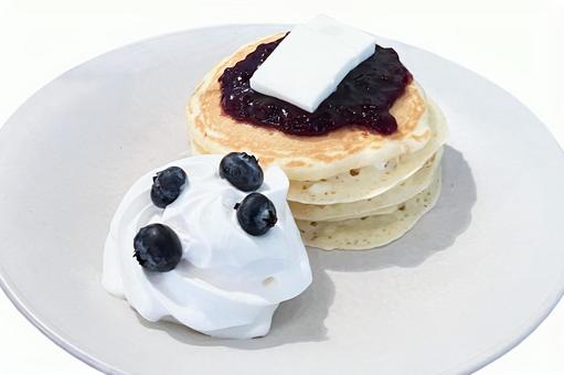 ブルーベリーのパンケーキ ブルーベリーのパンケーキ ホットケーキ,パンケーキ,生クリームの写真素材