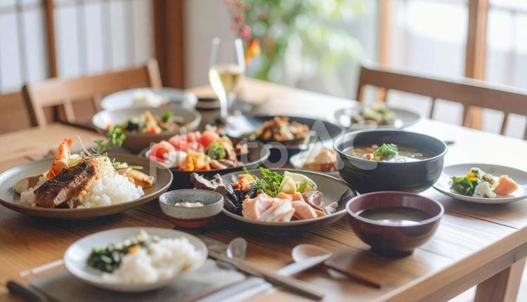 和風ダイニングに並ぶお正月料理の朝食 正月,お正月,和食の写真素材