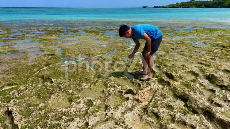 岩場を散策する人 ビーチ,波,沖縄の写真素材