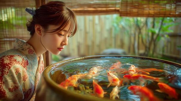 水槽を泳ぐ金魚と浴衣を着た女性の写真