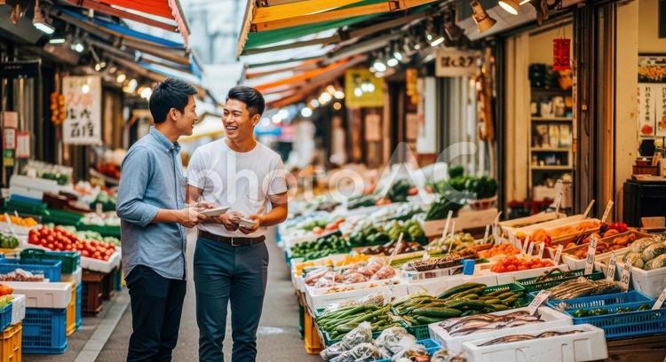 日本の市場通りを散策する外国人旅行者 インバウンド,民泊,市場の写真素材