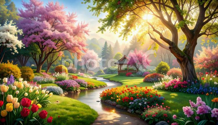 幻想的な花のある風景 カラフル,幻想的,花の写真素材