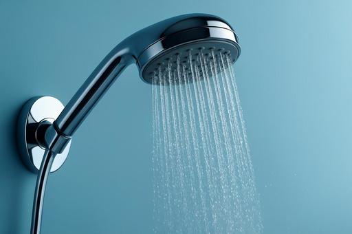 青背景とシャワーヘッドの写真