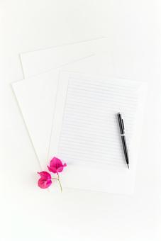 ピンクの花とノートの1ページと白い紙とボールペン(白背景) ピンクの花とノートの1ページと白い紙とボールペン(白背景)の写真