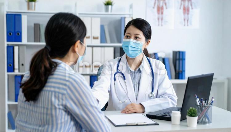 白衣の医者が患者を診断している様子 女性,医師,医者の写真素材
