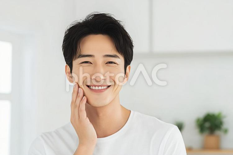 笑顔で頬に手を添える日本人男性 男性,日本人,笑顔の写真素材