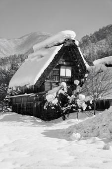 雪の白川郷 雪の白川郷 白黒,茅葺き屋根,雪の写真素材