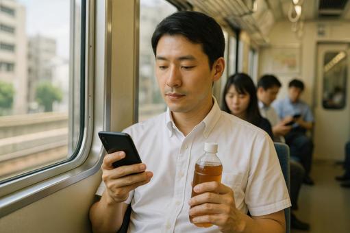 冷房の効いた電車で通勤する男性 冷房の効いた電車で通勤する男性の写真