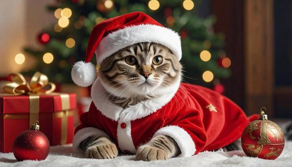 サンタクロースの帽子をかぶった猫の写真