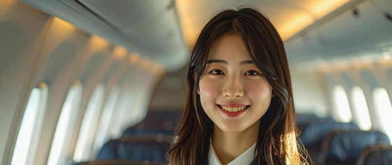 飛行機の中の女性　の写真