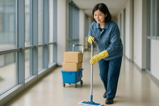 モップを持つ中高年女性清掃員の写真