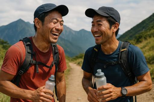トレラン仲間と談笑する男性たち トレラン仲間と談笑する男性たちの写真