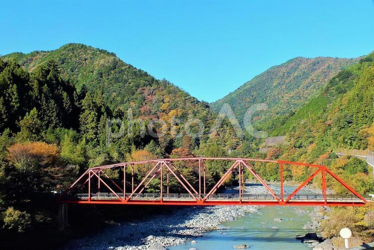 大井川に架かる赤い橋と紅葉の山並み 紅葉,いろどり,色づくの写真素材