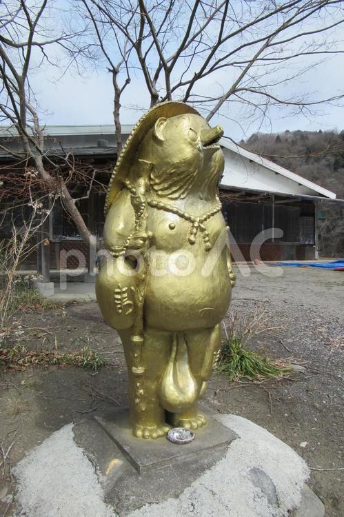 廃業食堂前の金色信楽焼タヌキ別角度 タヌキ,信楽焼,焼き物の写真素材