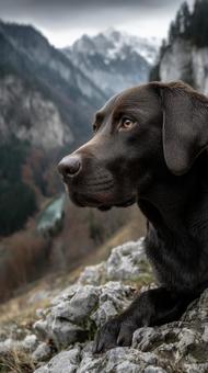 湖畔で景色を見つめる山岳犬 湖畔で景色を見つめる山岳犬の写真