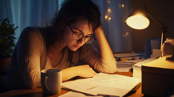 夜に勉強する女性 夜に勉強する女性の写真