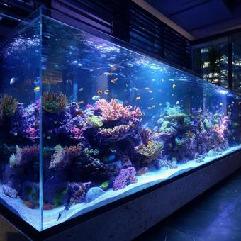 鮮やかな熱帯魚とサンゴ礁の水槽 鮮やかな熱帯魚とサンゴ礁の水槽の写真