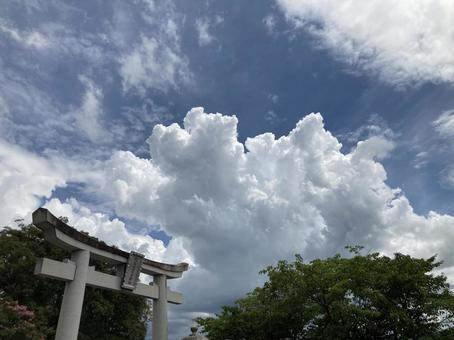 Summer sky, cumulonimbus clouds and torii gates, JPG