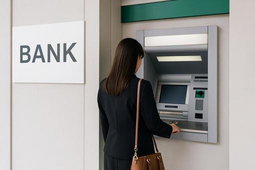 銀行ATMを利用する女性の後ろ姿の写真