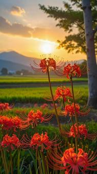 夕日の中の彼岸花の花畑 夕日の中の彼岸花の花畑の写真