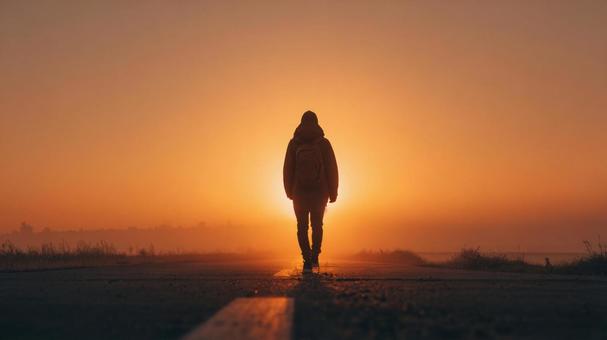夕日に向かって歩く男性 夕日に向かって歩く男性の写真