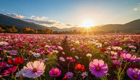 夕陽に染まる満開のコスモス畑と山並み 夕陽に染まる満開のコスモス畑と山並みの写真