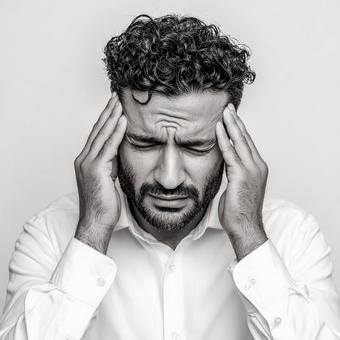 ストレスからくる頭痛を表現する男性 ストレスからくる頭痛を表現する男性の写真