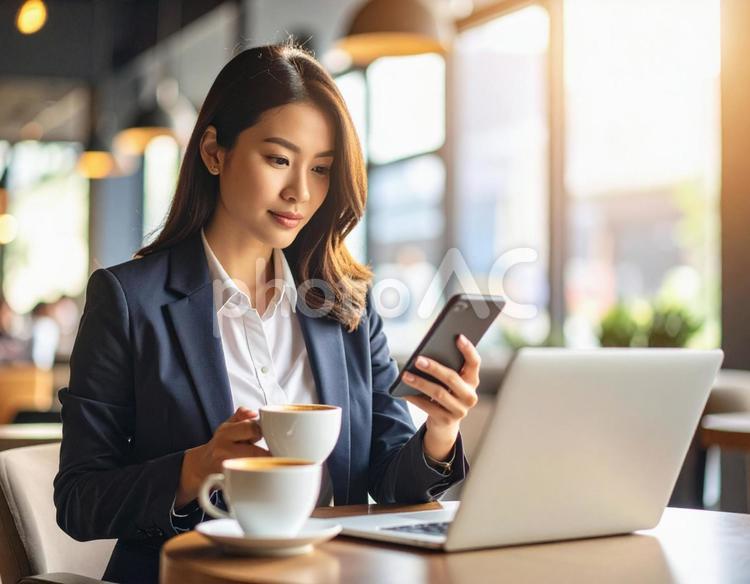 カフェで仕事をするビジネスウーマン 女性,カフェ,仕事の写真素材