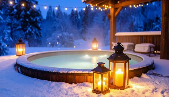 ランタンの明かりが灯る夜の雪山の露天風呂の写真