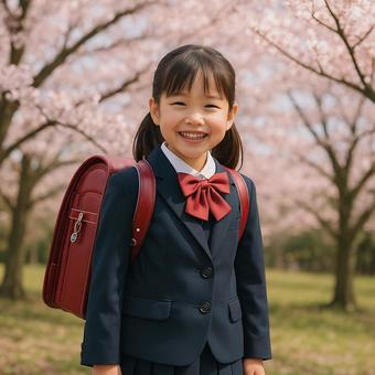 桜並木と新一年生 桜並木と新一年生の写真